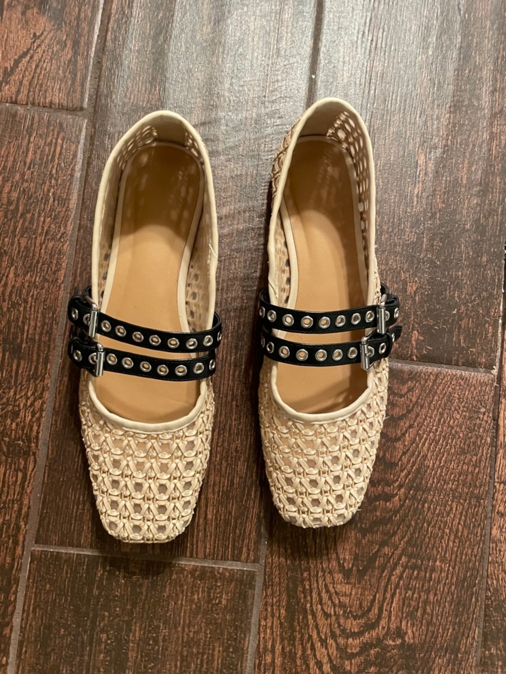 Woven Mary Jane Flats with Studded Double Straps - Beige